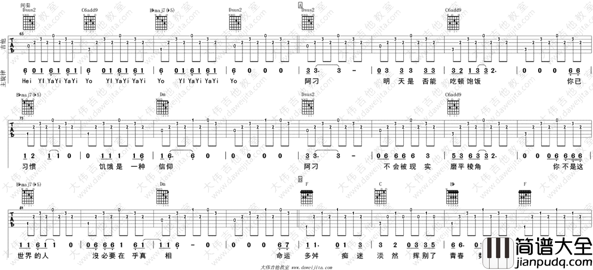 阿刁吉他谱_赵雷-张韶涵_阿刁_吉他弹唱视频_图片谱