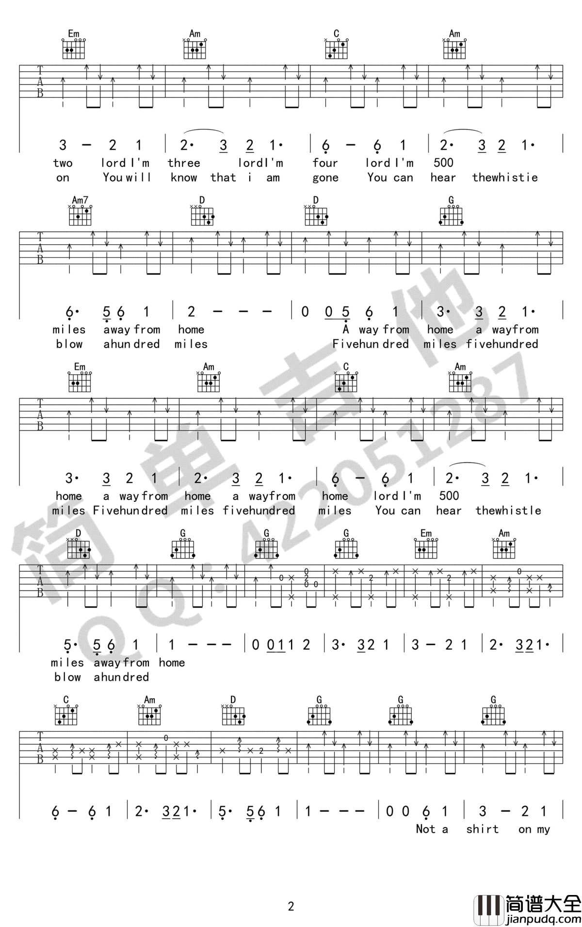 500_miles吉他谱_醉乡民谣_离家五百里__G调原版