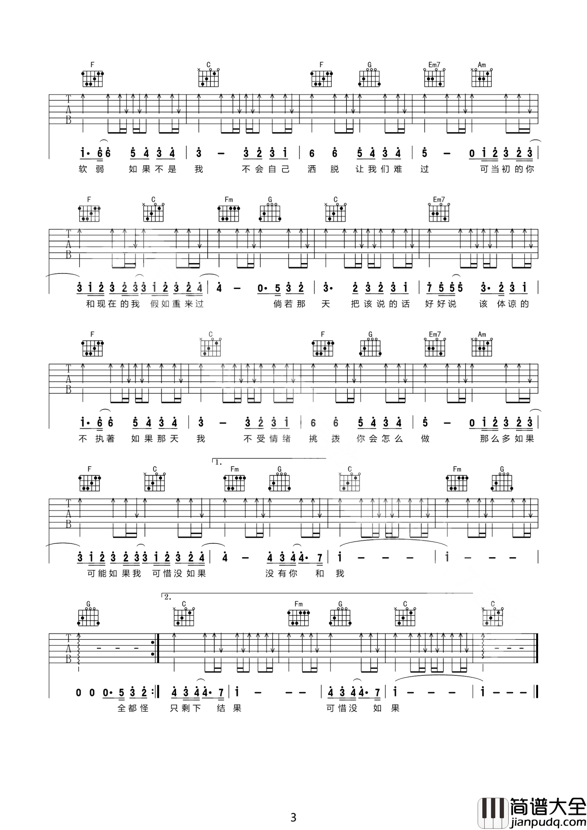 可惜没如果吉他谱_林俊杰_遇到自己喜欢的人，请不要害羞