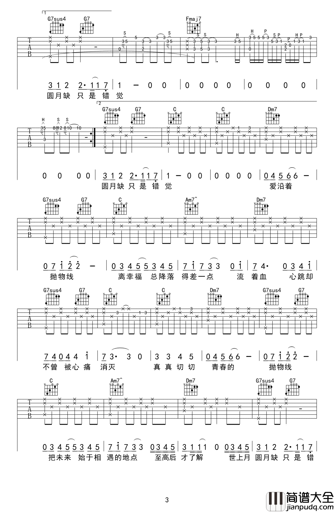 抛物线吉他谱_蔡健雅_高清图片谱_吉他弹唱演示视频