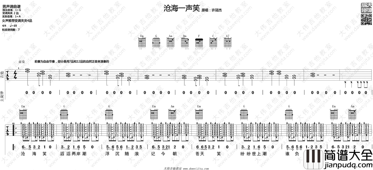 沧海一声笑吉他谱_许冠杰_高清_吉他弹唱教学演示