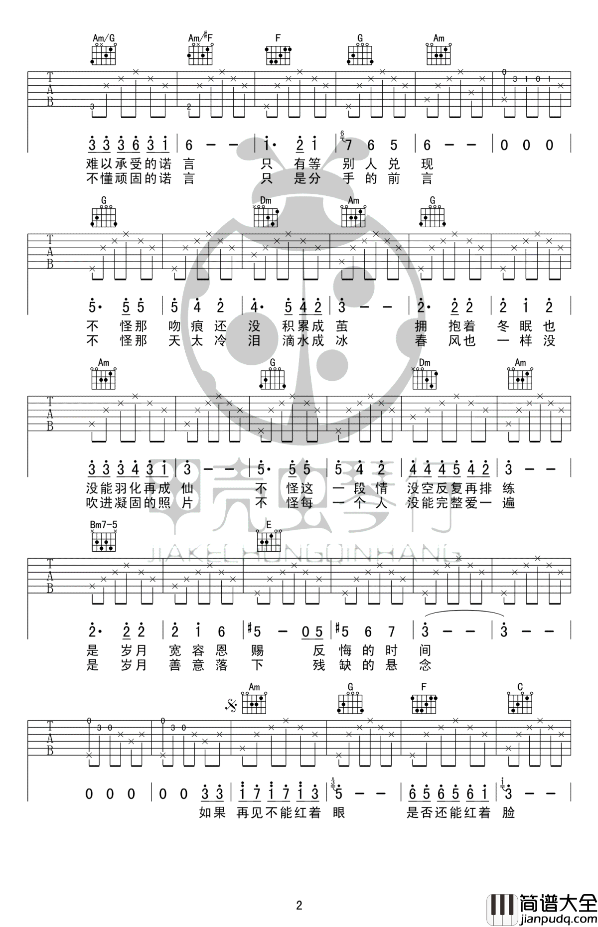 匆匆那年吉他谱C调_王菲_原版_高清图片谱