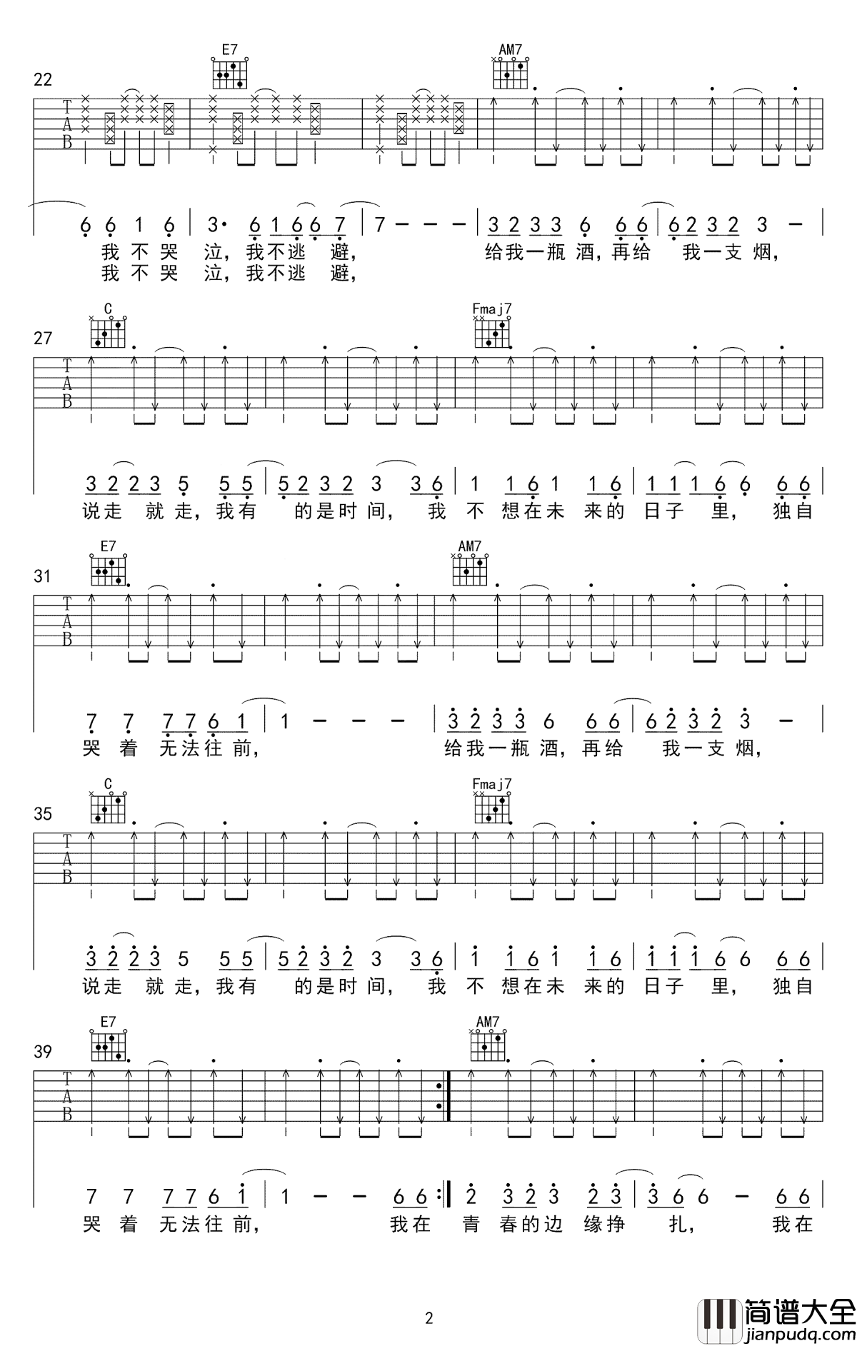 我还年轻我还年轻吉他谱_老王乐队_给我一瓶酒，再给我一支烟