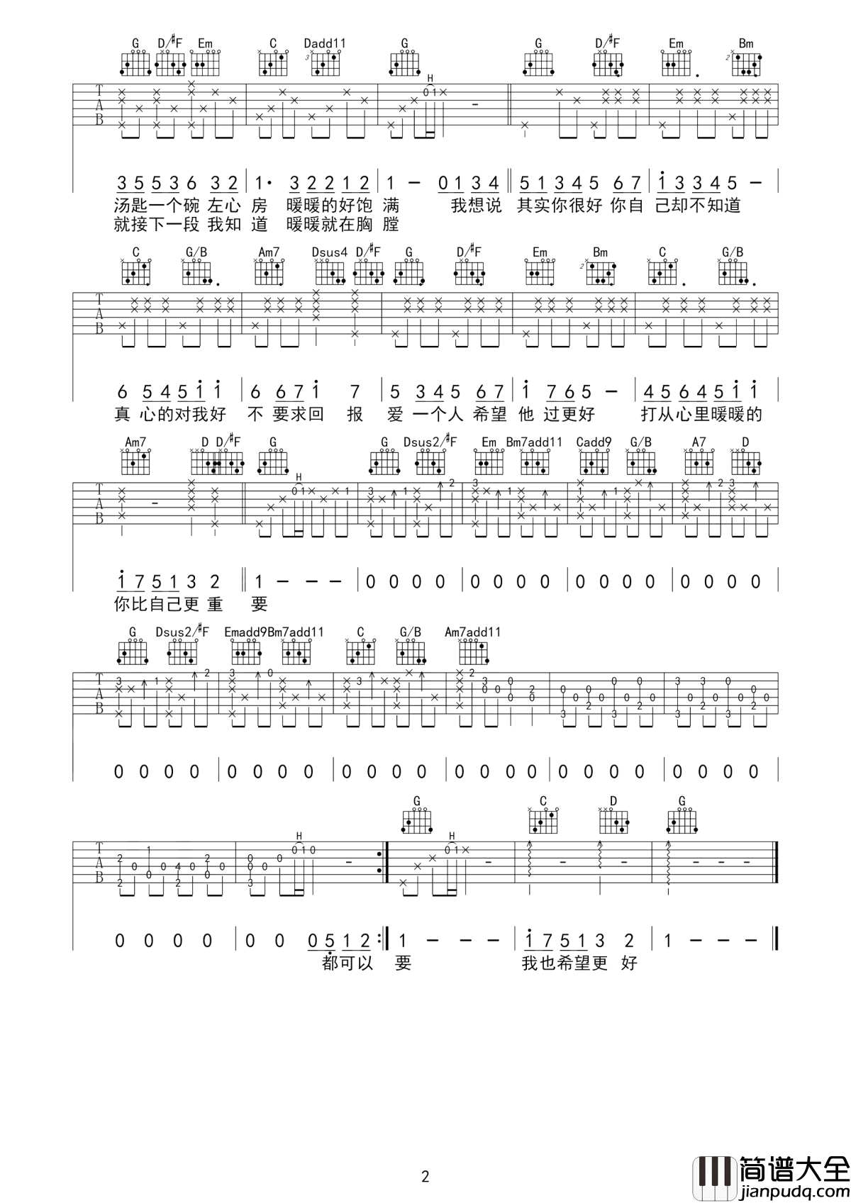 暖暖吉他谱_梁静茹_爱一个人希望他过更好__打从心里暖暖的