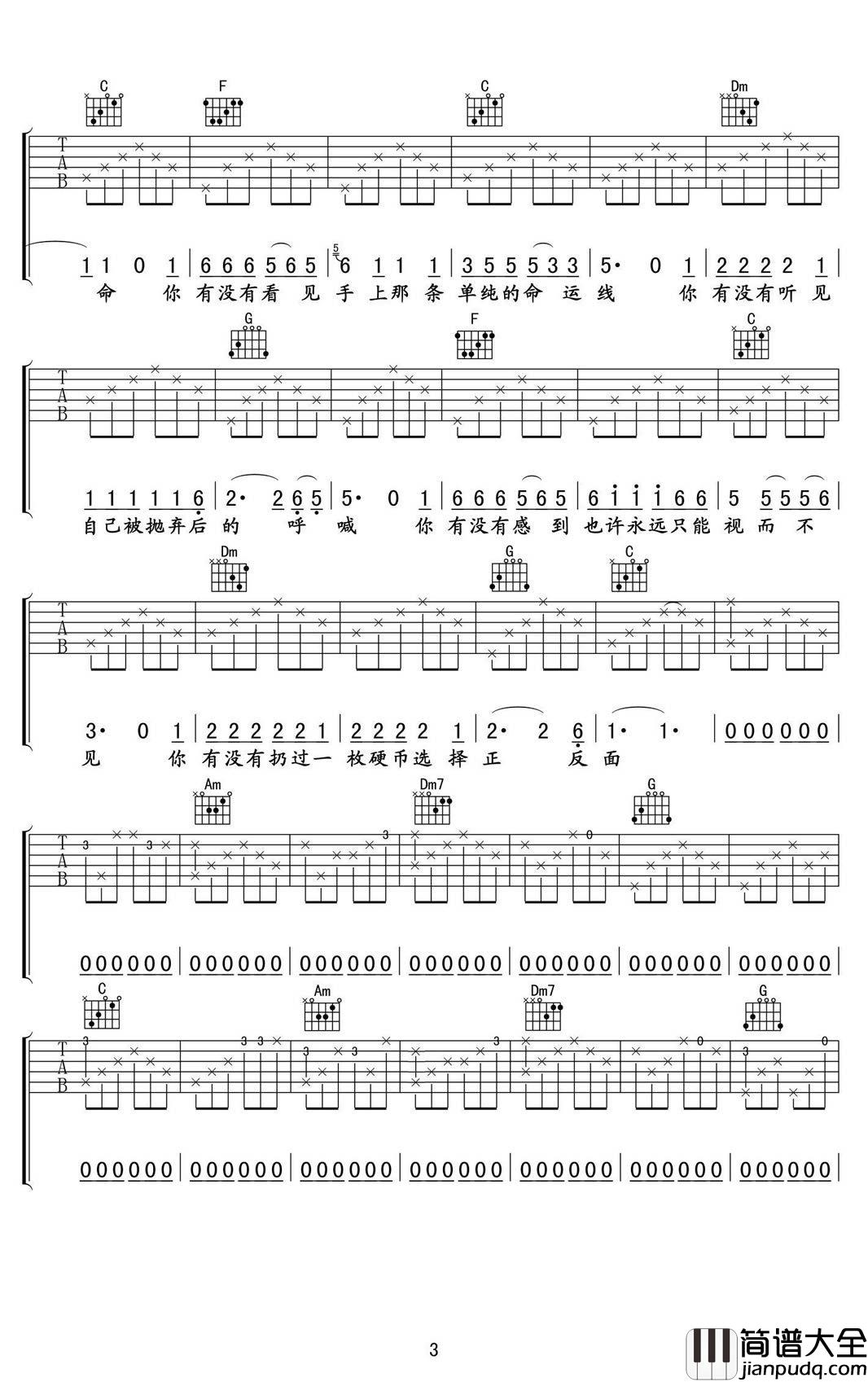 硬币吉他谱_汪峰_你有没有扔过一枚硬币选择正反面-
