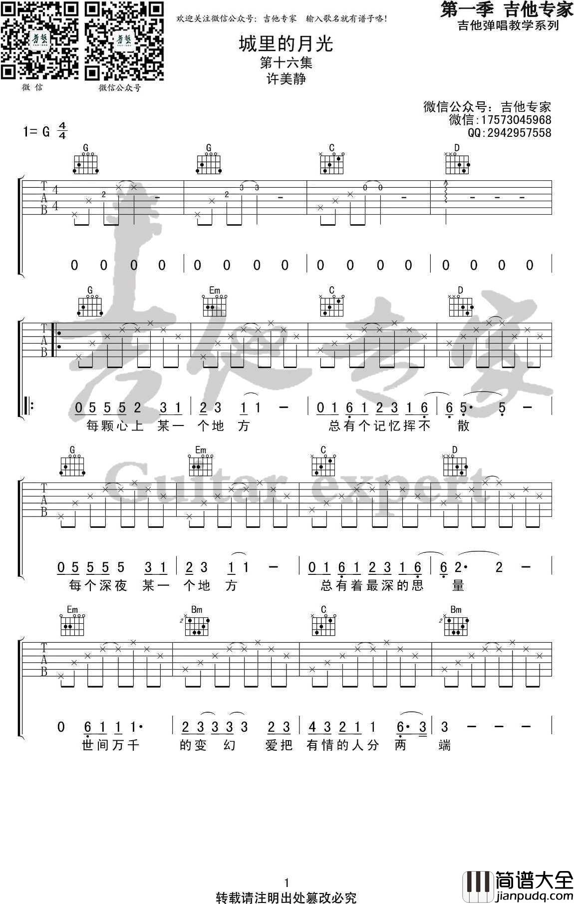 城里的月光吉他谱_许美静_G调_高清